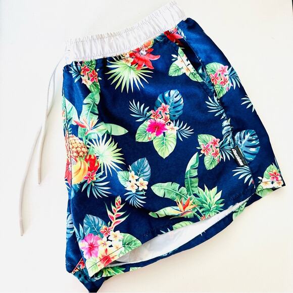 MENS AUSSIEBUM Navy Blue White Floral Palm Swim Trunks Shorts Pockets Unlined M - Picture 12 of 12